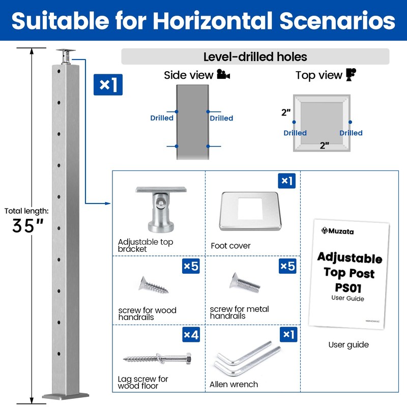 Muzata Cable Railing Post 36 Inch 36"x2"x2" Level Drilled Surface