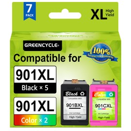 GREENCYCLE 2 Pack Remanufactured 901XL CC654AN CC656AN High Yield Black and Tri-Color Ink Cartridge Set Compatible for HP Officejet 4500 J4540 J4500 J4524 J4550 J4660 J4680c Printer (5 Black, 2 Color)