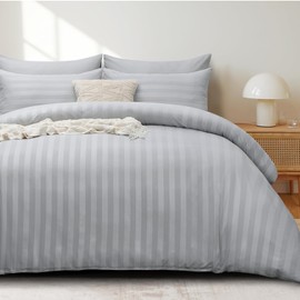 Tifschlaf Double Duvet Cover Set Grey - Satin Stripe Double Bed Cover Set with 2 Pillowcases - Soft Microfiber Quilt Bedding