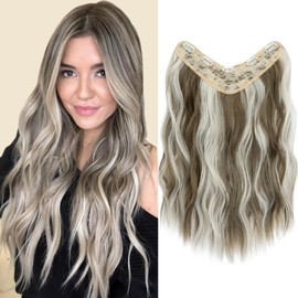 TESS Clip-In Extensions Wavy 45 cm Hair Extension Clip in Ash Brown with White Blonde Synthetic Hair One Piece with 5 Clips Hairpiece Extensions U Shape