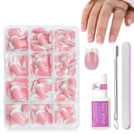 French Tip False Nails - 240pcs Square Short French Tip False Nails With Glue - White Tip Nude Pink Press On Nails - Coffin Full Cover Acrylic Fake Nails For Women And Girls Nail Art Decorations