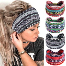 FULZTEY Wide African Headbands Boho Head Wraps Large Hairbands Elastic Fabric Hair Bands for Sport Workout Non Slip Knotted Bandanas Fashion Hair Accessories for Women Girls 4Pcs