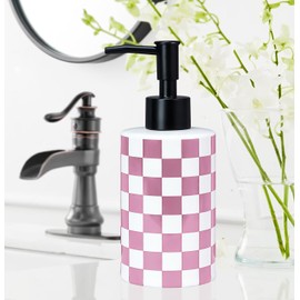 MUNILAIL Checkered Soap Dispenser with Matte Pump Pink and White Ceramic Soap Bottle for Kitchen Bathroom Hand Soap Containers