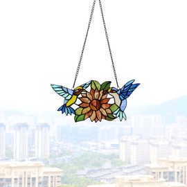 Bieye W10006 Hummingbirds Flower Tiffany Style Stained Glass Window Hangings Panel with Chain, 15" W x 7" H