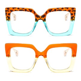 bullabulling Oversized Square Blue Light Blocking Glasses Eye Strain Glare Pearl Inlay Arm Cat Eye Fashion Eyewear (Gradient leopard/orange, 2.50)