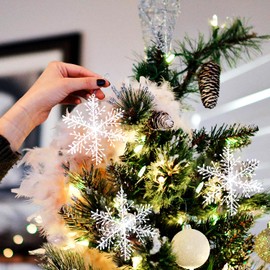 Jusduit Snowflakes Decoration, White, Pack of 60 Snowflakes, Christmas Decoration, Glitter, Snowflakes, Christmas Tree Decoration, White Snowflakes, Hanging Pendant for Christmas Decoration