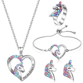 FANTESI Unicorn Necklace Bracelet for Girls, Unicorn Ring Earrings, Unicorn Children's Jewellery Set with Gift Box, Unicorn Heart Necklace for Children, Daughter, Pack of 5, Alloy Steel