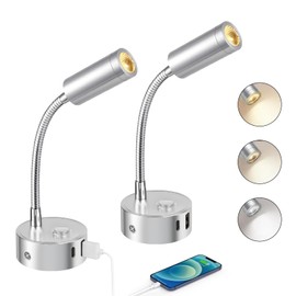 ERWEY 2 LED Reading Lamps, 12 V Motorhome, Touch Dimmable, 3000 K - 6000 K Adjustable Brightness, 360° Flexible Gooseneck Bed Lamp with USB A+C Connections for Boat, Caravan, Interior Lighting, Silver