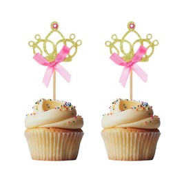 Morndew 24 PCS Gold Glitter Princess Crown Cupcake Toppers Tiara Cupcake Toppers with Pink Bows for Kids' Birthday Party Wedding Party Baby Shower Decorations