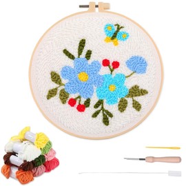 YEESAM ART Punch Needle Kit with Little Blue Flowers and Butterfly Patterns, Full Set DIY Punch Needle Embroidery Set with Hoop Tool, Easy Craft for Adults Beginners