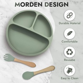 EZIO'S Baby Weaning Set –11 Pieces Silicon Feeding Set - Suction Baby Plate with Round Fruit Feeder with Straw – Baby Bowls for weaning, Food Plate Kit, Cup, Bib, Fork, Spoon (Pale Green)