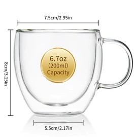 MESNEY Double Wall Insulated Espresso Cups & Mugs, Set of 2, 6.7 oz, Clear Glass for Coffee, Latte, Macchiato, Cappuccino & Tea, Dishwasher Safe