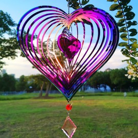 Dinoneyi Wind Spinner Outdoor Metal 3D Wind Spinner Hanging Yard Garden Decor Gifts Stainless Steel Heart Pattern Spinners with 360° Rotating Hook