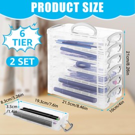 MUXHEL 2PCS 6 Tier Plastic Pencil Box Clear Pen Storage Organiser with Lid Stackable Portable Pencil Storage Box with Handle for Office Home & School-21.5x10x20.5cm