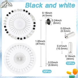SUNNYCLUE 30Pcs Rhinestone Straight Pins Round Head Pin Black White Metal Iron Crystal Muslim Hijab Scarf Clothes Straight Brooch with 10Pcs Safety Caps for Jewelry Shawls Wedding Decorations Findings