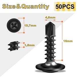 Wavanta 50Pcs Self Tapping Screws, M4.8 x 16mm Wafer Head Self Drilling Screws for Metal, Stainless Steel Self Tapping Screw, Black Oxide, Tek Screw with Screwdriver Bit