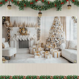 IAFQWDS White Christmas Backdrop Background Party Decoration, Gold and White Christmas Xmas Tree Fireplace Hanging Wall Banner Fabric Sign for Photo Booth Background Photography 63x39 in
