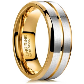 King Ring 8mm Flat Lines Ring – Ultra Polished Mens Ring with Two Matt Lines Stainless Steel Wedding Band K18 – Gold Silver 8