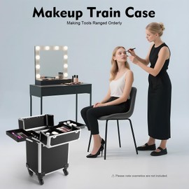 mignonnememe Rolling Makeup Train Case Professional Cosmetic Trolley Large Storage with Keys Large Trolley Makeup Travel Organizer for Make Up Hairstylists Nail Tech, Black