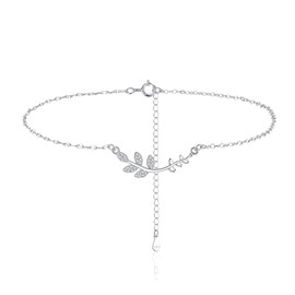 Bewenda Anklets for Women 925 Sterling Silver Ankle Bracelets, Classic Anklet with Branch Leaf, Summer Beach Barefoot Ankle Chain, Flexible Fit Foot Chain Adjustable 22+5cm Girls Jewellery- Silver