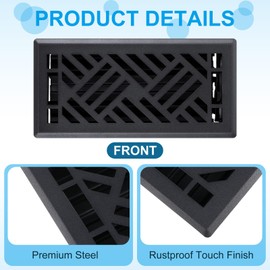 Blulu 1 Pack Floor Register 4" x 10" Black Vent Covers, Heavy Duty Walkable Steel Floor Vent Covers, Diagonal Pattern for Easy Air Flow, Adjustment Damper Rust Proof Finish for Home Decor