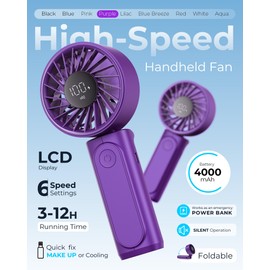Peiyuu Portable Handheld Fan, 4000mAh, USB Rechargeable 180° Foldable Mini Desk Fan, 6 Wind Speed, LCD Digital Display, Lanyard as Neck Fan, Ultra Quiet, Pocket Size for Indoor Outdoor