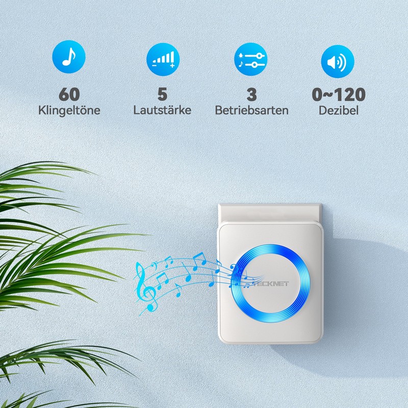 TECKNET Wireless Doorbell, Wireless Doorbell Set, 400 m Range, IP65
