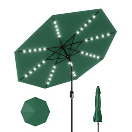 GarveeLife 9 Ft Patio Umbrella with Solar Lights, 8 Ribs Outdoor Market Table Umbrella with 32 LED Lights & Tilt Crank for Pool, Deck, Backyard, Dark Green