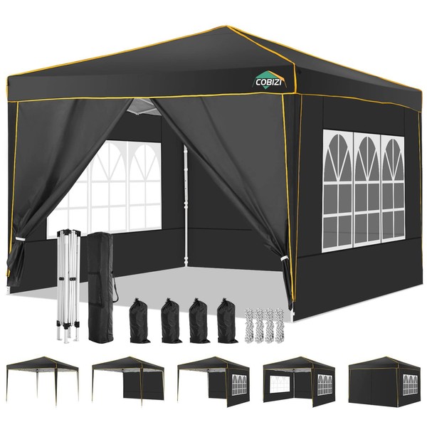 COBIZI 10x10 Pop up Canopy, Easy up Canopy Gazebos, Ez up Canopy 10x10 for Parties Beach Camping Party Event Shelter Sun Shade with 4 Sidewalls & Carry Bag 4 Stakes & Ropes & Sandbags, Black