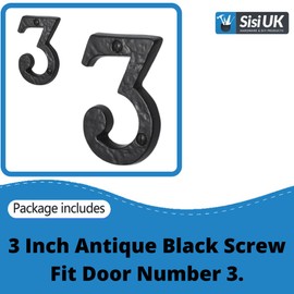 Antique Black Door Numbers Screw On 3 Inch Cast Iron Number 3 Door Number Elegant and Bold Door Numerals Suitable for All Door Types Including Wooden uPVC and Composite.
