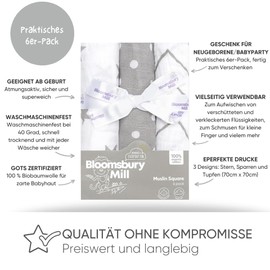 Bloomsbury Mill 6 Pack Muslin Cloths for Baby - 100% Pure Organic Cotton - Stars, Angled & Polka Dots - Blue & White