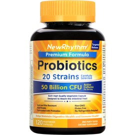 NewRhythm Probiotics 50 Billion CFU 20 Strains, 120 Veggie Capsules, Targeted Release Technology, Stomach Acid Resistant, No Need for Refrigeration, Pack of 1, Non-GMO, Gluten Free
