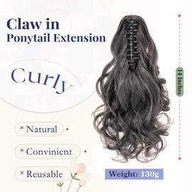 TESS Claw On Ponytail Extension Matte Material 14 Inch/37cm Curly Wavy Clip In Pony tail Synthetic Hairpiece, Rocky Grey to Beige
