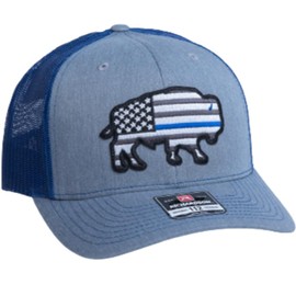 Red Dirt Hat Company Thin Blue Line 6-Panel Adjustable Snapback Hat, Trucker Cap w/Ventilated Mesh Back & Snap Closure, Structured Baseball Cap for Men & Women - Heather Grey/Blue, One Size Fits All