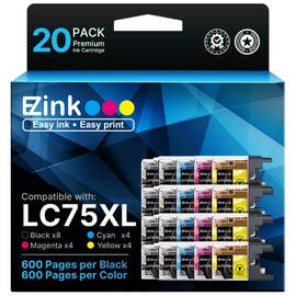 E-Z Ink LC75XL Ink Cartridges Compatible for Brother LC75 Ink Cartridge LC 75 LC71 LC79 XL to Use with Brother MFC-J430W MFC-J6510DW MFC-J6710DW 20 Pack (8 Black, 4 Cyan, 4 Magenta, 4 Yellow)