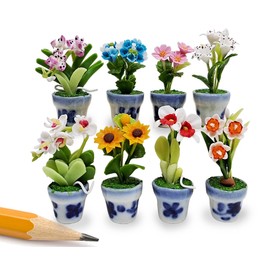 WitnyStore Tiny 2" High 8 Pieces Set Mix Hand Made Artificial Flowers Realistic Colorful Miniature Modelling Clay Flower Pots Brilliant Variety of Imitation House Plant Species Home Decoration