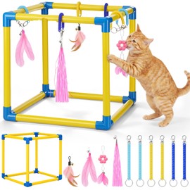 Hoteam Cat Play Gym with 6 Hanging Interactive Toys & 4 Cat Toys Hammock Cats Activity Center for Kittens with PVC Removable Frame with Colored Rope, Cats Enrichment Toy for Bored Indoor Adult Home