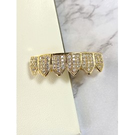 14K Joker Gold Grillz Finish for Mouth Bottom Hip Hop Teeth Grills for Mouth Grillz for Mouth Top Bottom Hip Hop 6 Grills for Teeth Mouth Set - Teeth Cap, Iced Grillz (Bottom Only)