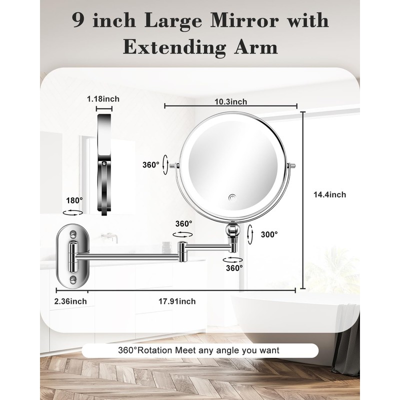 vpu 9" Wall Mounted Makeup Mirror with Light, 20X/1X Height