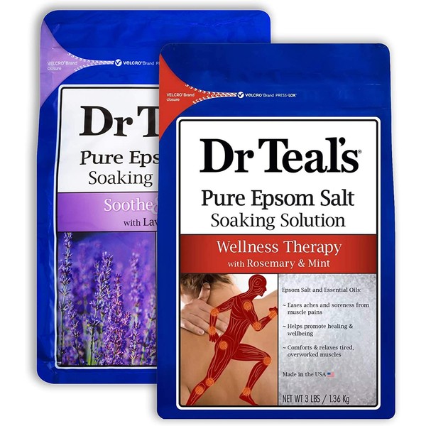 Dr Teal's Epsom Salt Bath Combo Pack (6 lbs Total), Soothe & Sleep with Lavender, and Wellness Therapy with Rosemary and Mint