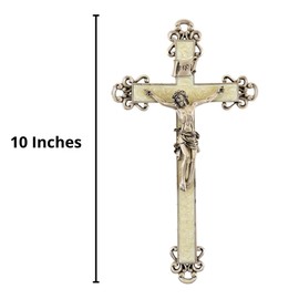 White Pearlized Epoxy Floral Cross Crucifix with Pewter Christ Corpus, 10 Inch