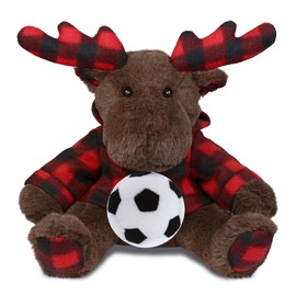 DolliBu Plaid Brown Moose with Hoodie Stuffed Animal with Soccer Ball Plush - Huggable Moose Playtime Plush Toy, Cute Wild Life Gift, Super Soft Stuffed Doll Animal Toy for Kids, Adults - 10 Inches