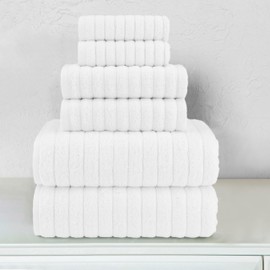 Elegant Comfort 100% Turkish Cotton Corduroy Ribbed Luxury Bath Towels 6-Piece Set, Premium Feel - Quick Dry, Highly Absorbent, Contains 2 Bath Towels, 2 Hand Towels, and 2 Washcloths, White