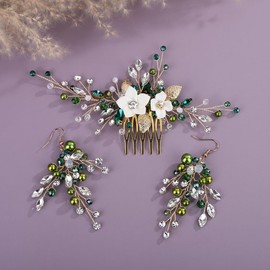 Teyglen Vintage Gold Leaf Flower Wedding Hair Comb Green Crystal Beads Hair Side Comb Bridal Hair Accessory for Women White Flower Headpiece with Rhinestone Head Jewelry