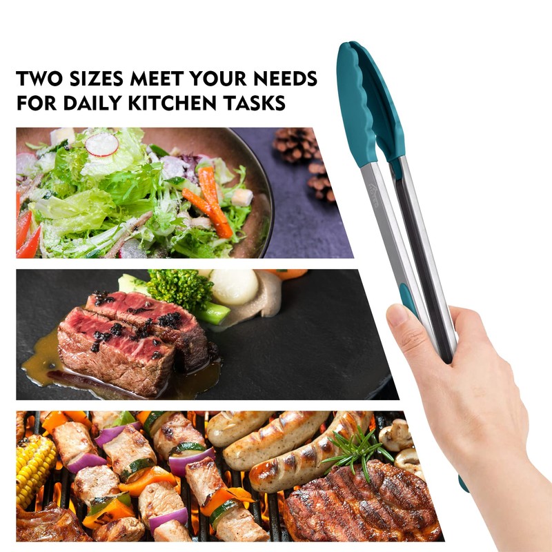 HOTEC Premium Stainless Steel Locking Kitchen Tongs with Silicon Tips,