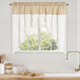 Likiyol Linen Swag Curtains Farmhouse Ruffle Valances for Windows Rustic Country Window Valances Light Filtering Kitchen Curtains Rod Pocket Valance for Bathroom Cafe, Linen White, 60" W x 36" L