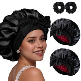 Syvvste 4PCS Satin Bonnet Double Layer Silk Sleep Cap for Sleeping Hair Bonnets with Elastic Tie Band for Curly Natural Hair black+black