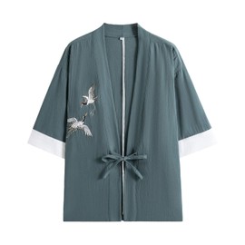 PRIJOUHE Men's Japanese Kimono Jacket Cardigan Yukata Noragi Casual Fashion Seven Sleeves Lightweight Open Front Coat