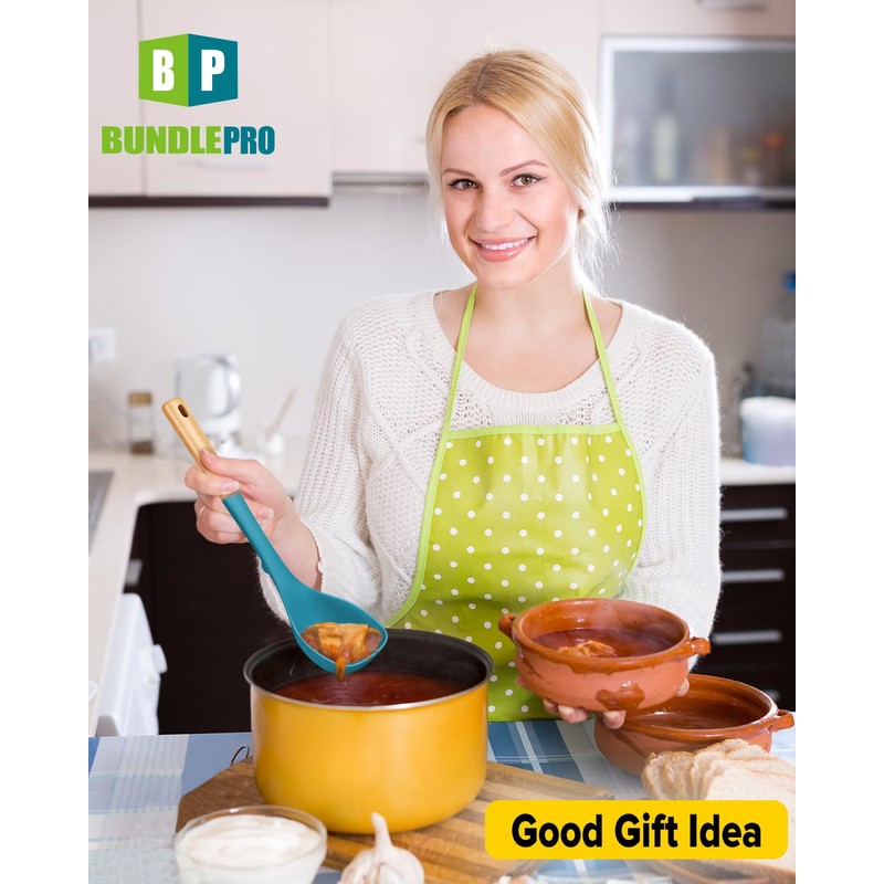 Silicone Soup Ladle and Spaghetti Spoon Set with Wooden Handle,