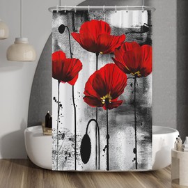 Baocicco Red Poppy Shower Curtain Red Flower Ink Painting Shower Curtains Decorative for Bathroom Dorm Black and White Vintage Waterproof Fabric Shower Curtain with Hooks 48x72 Inches